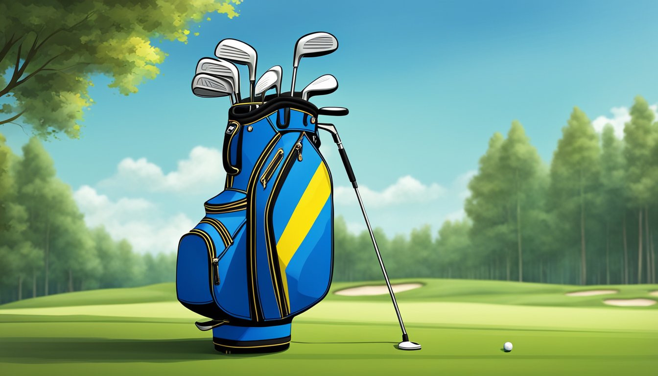 A golf bag with a Swedish flag hanging from the side, surrounded by lush green fairways and a clear blue sky