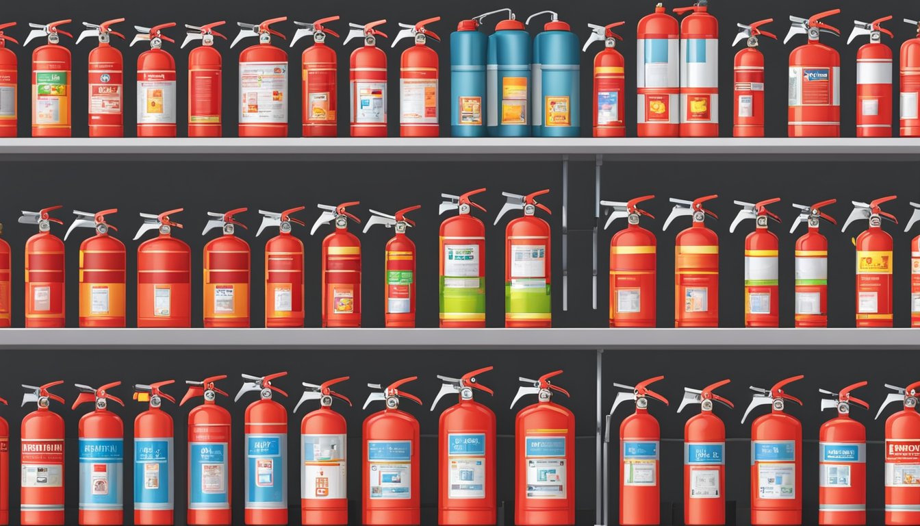 A store shelf displays various fire extinguishers in a hardware store in Singapore