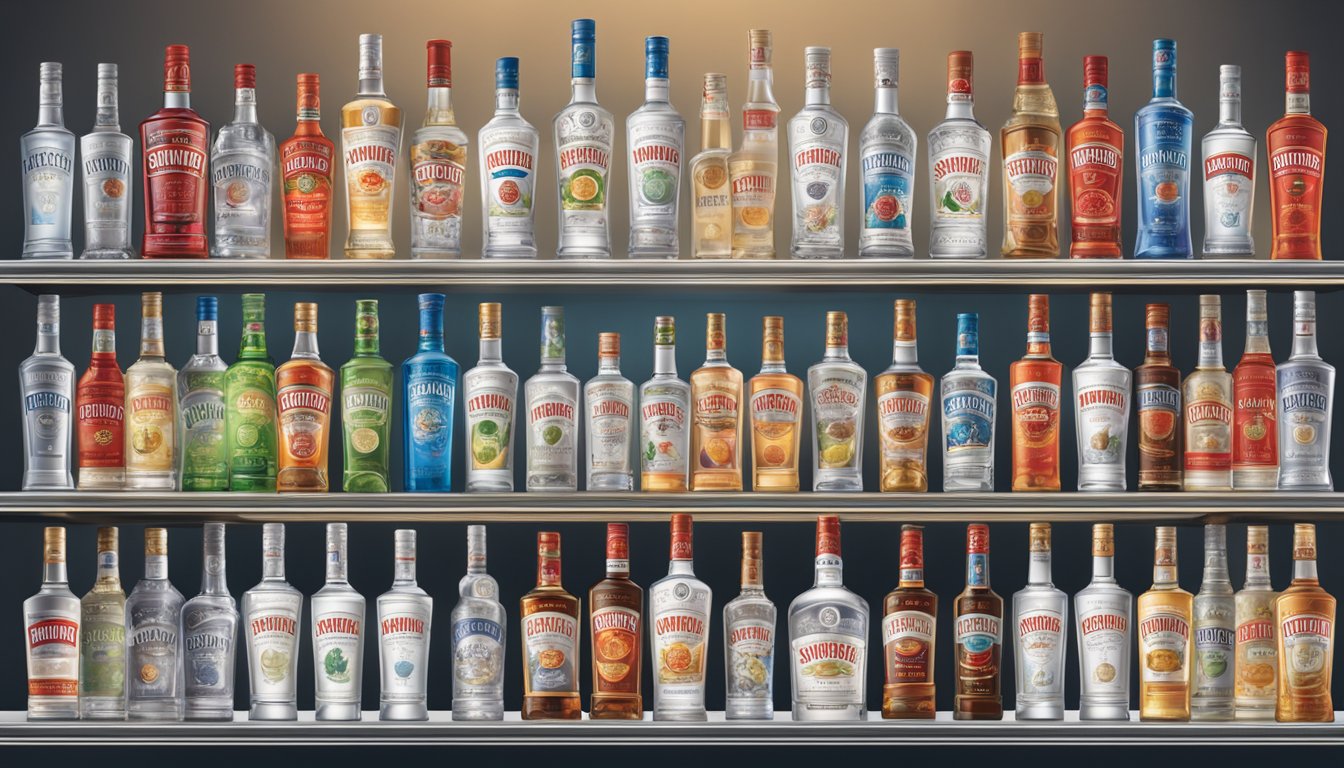 A display of Smirnoff vodka brands arranged on a well-lit shelf in a liquor store