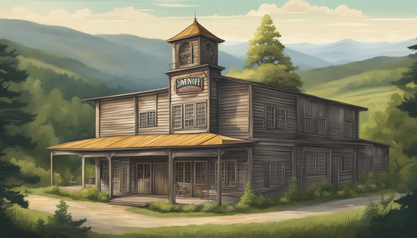 A rustic, weathered distillery building stands proudly against a backdrop of rolling hills and lush greenery, with a vintage Smirnoff vodka label displayed prominently on the front facade