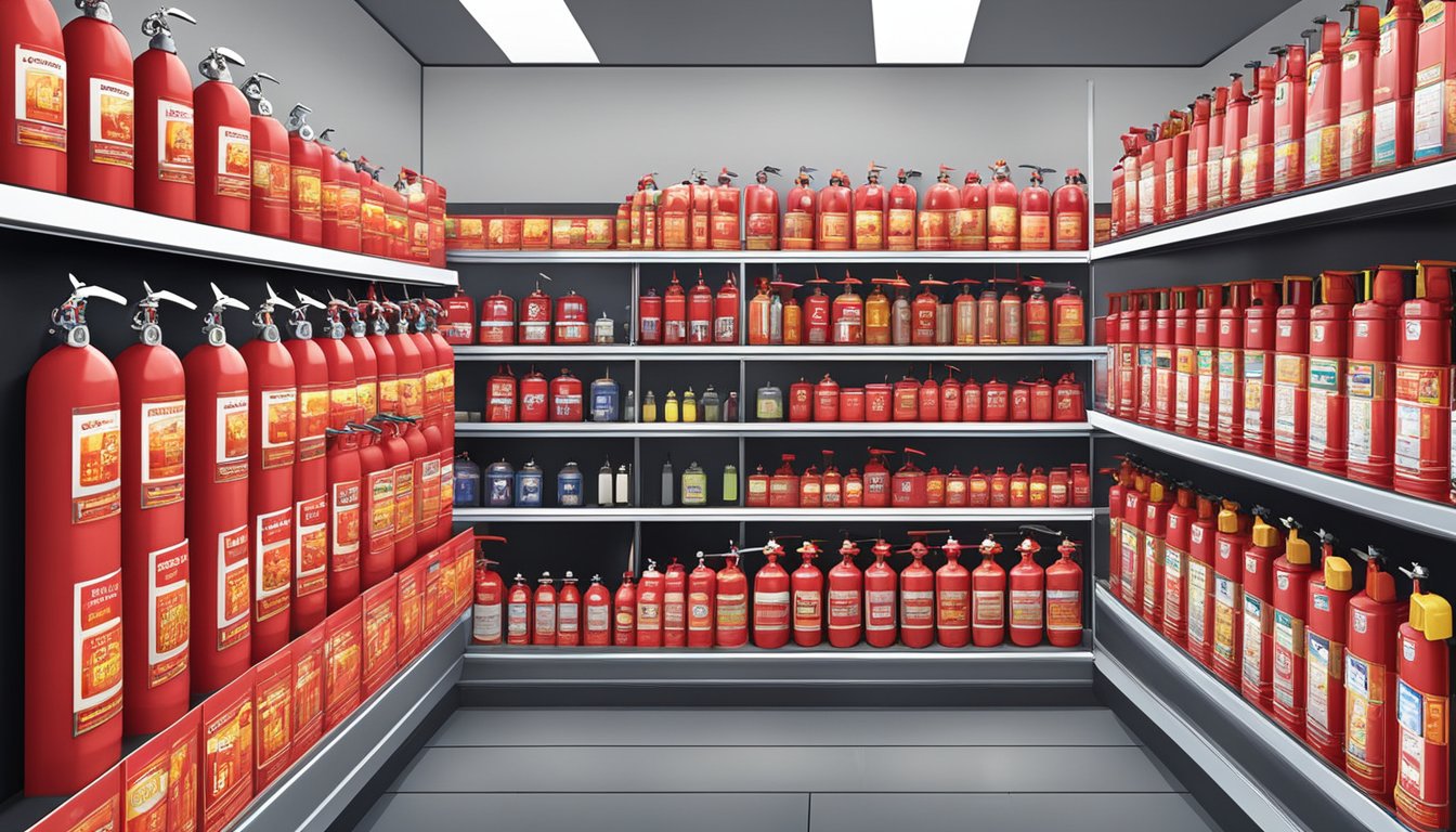 A store display showcases various fire extinguishers for sale in Singapore. Bright signage indicates availability and pricing