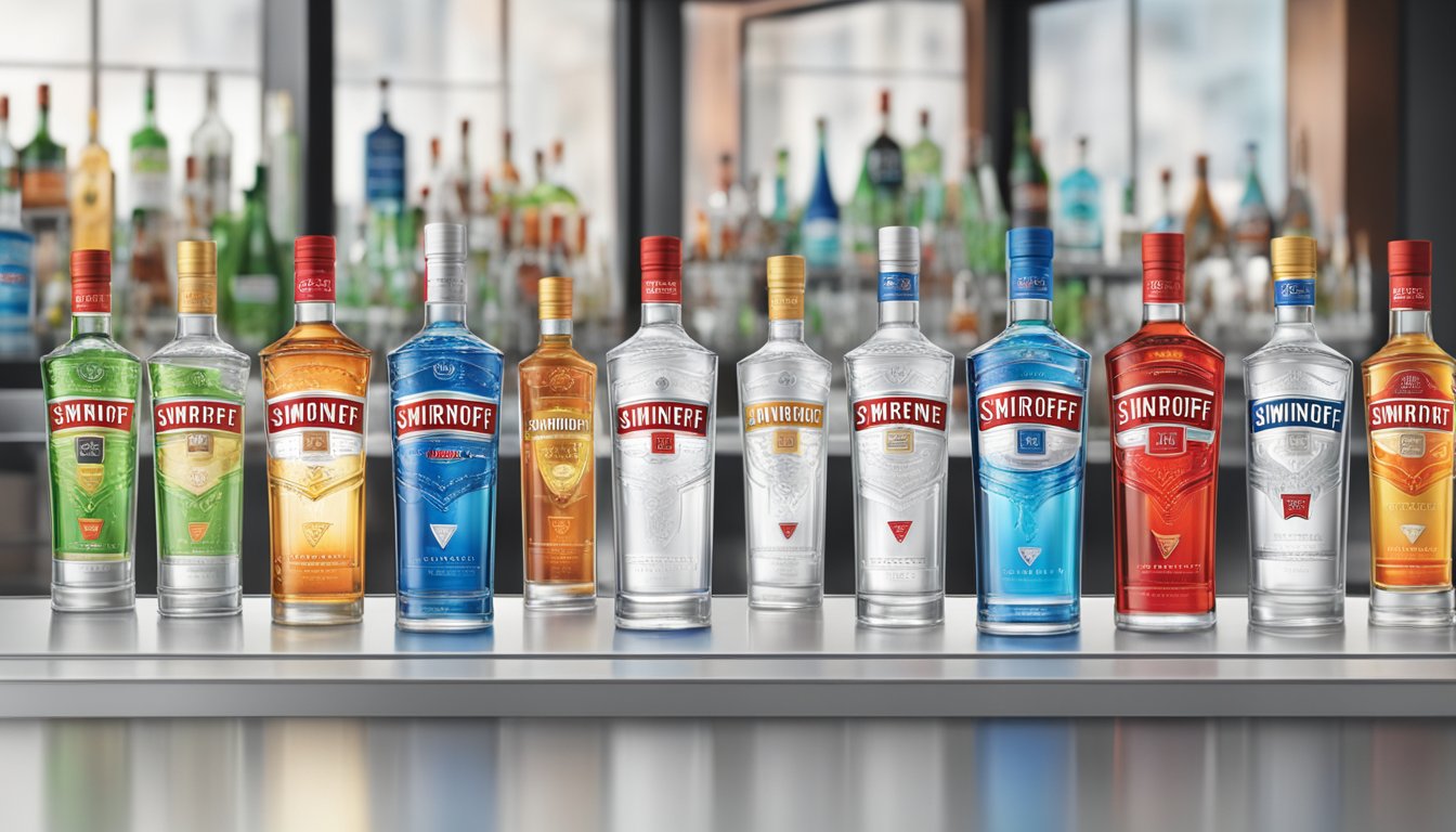 A display of various Smirnoff vodka bottles and flavors arranged on a sleek, modern bar counter. Labels are prominently featured, showcasing the brand's wide range of products and varieties