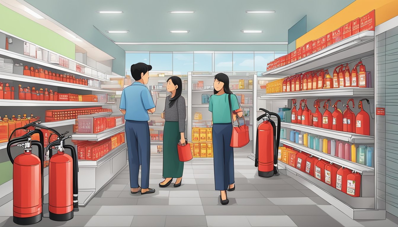 A store in Singapore sells fire extinguishers, with customers browsing and asking staff questions