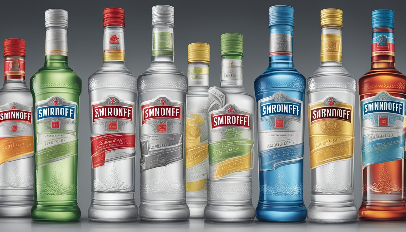 A lineup of Smirnoff vodka bottles with "Frequently Asked Questions" displayed prominently on the labels