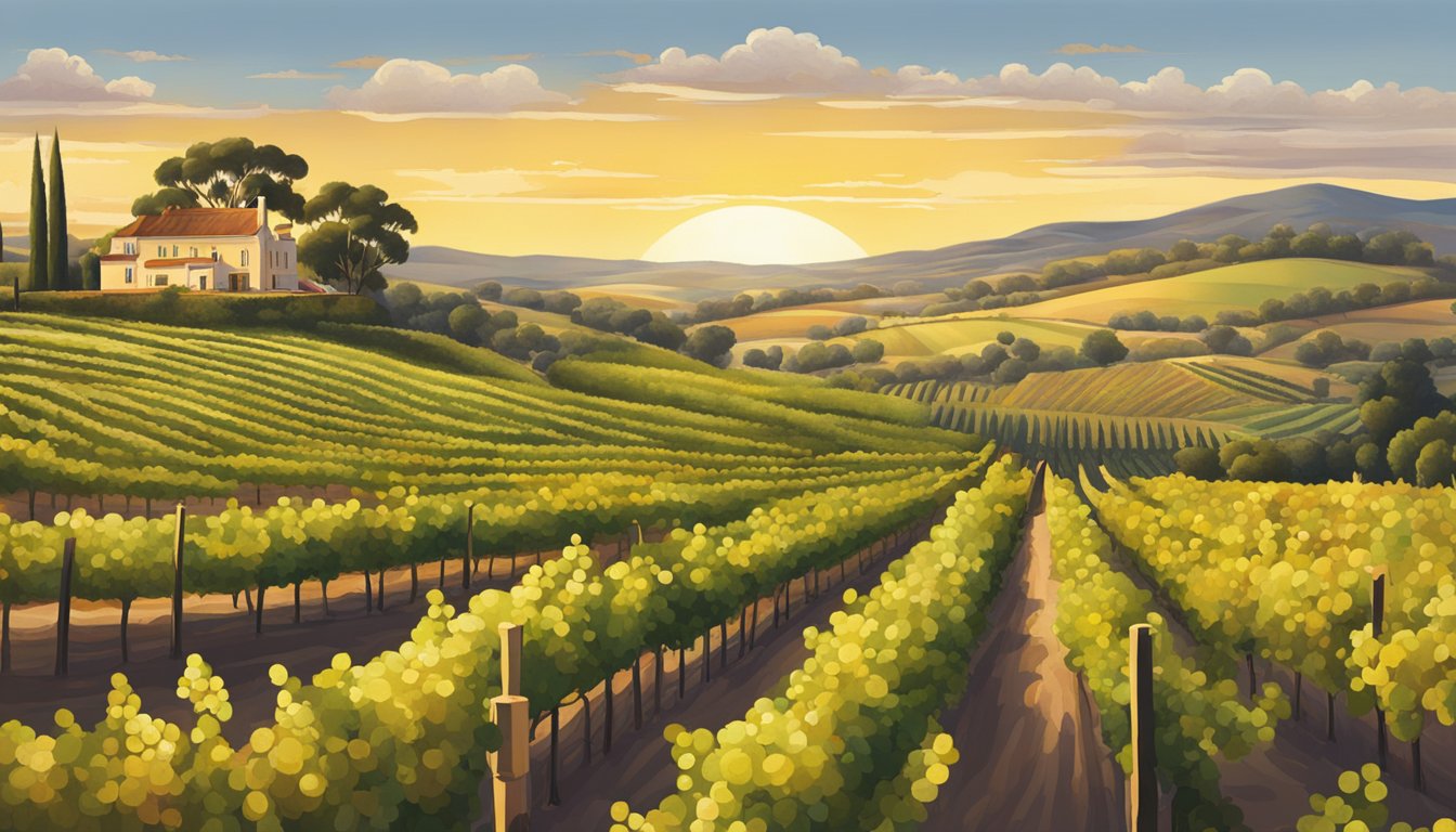 Rolling vineyard hills, dotted with iconic estates, stretch into the horizon under a golden sun. Rows of grapevines lead to charming cellar doors, showcasing the best of South Australian wine brands