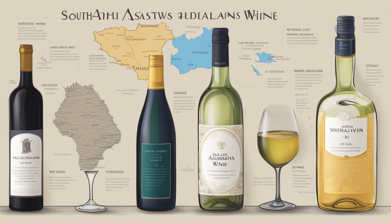 A table with various bottles of South Australian wine, a map of the region, and a list of frequently asked questions about the wine brands