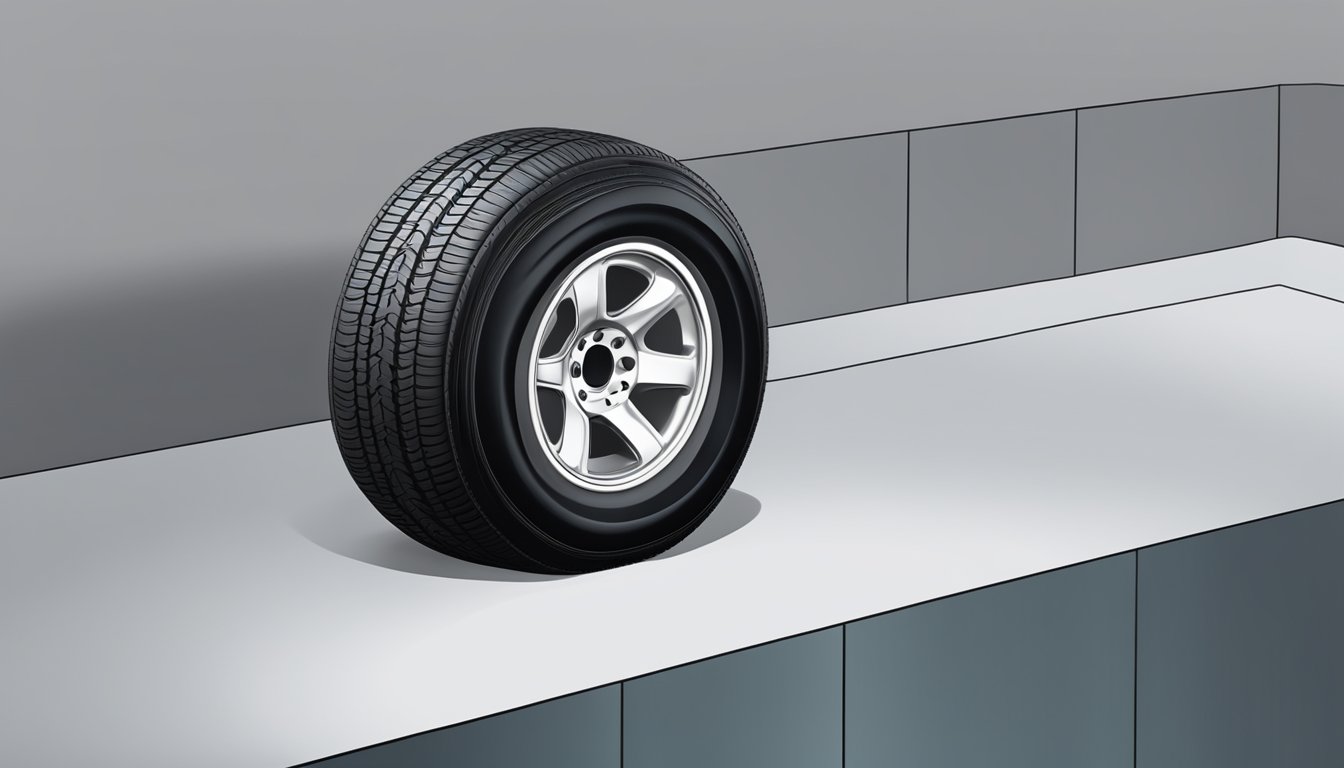 A remolded tire sits on a clean, well-lit workshop table with a fresh tread pattern and smooth, black rubber surface