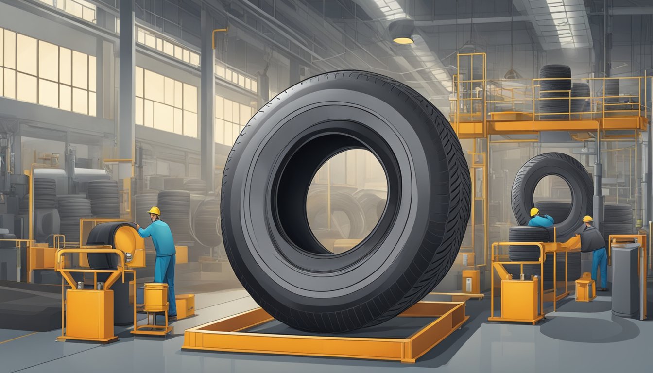 A tire being remolded in a factory, showing the process of reshaping and refining the rubber material