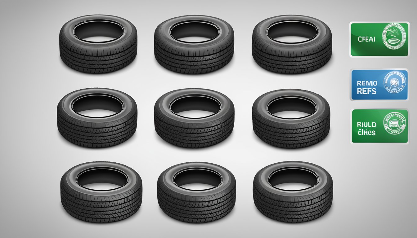A pile of high-quality remolded tires, showing no signs of wear or defects, with a clear and legible "Critérios de Qualidade Pneu Remold é Bom" label