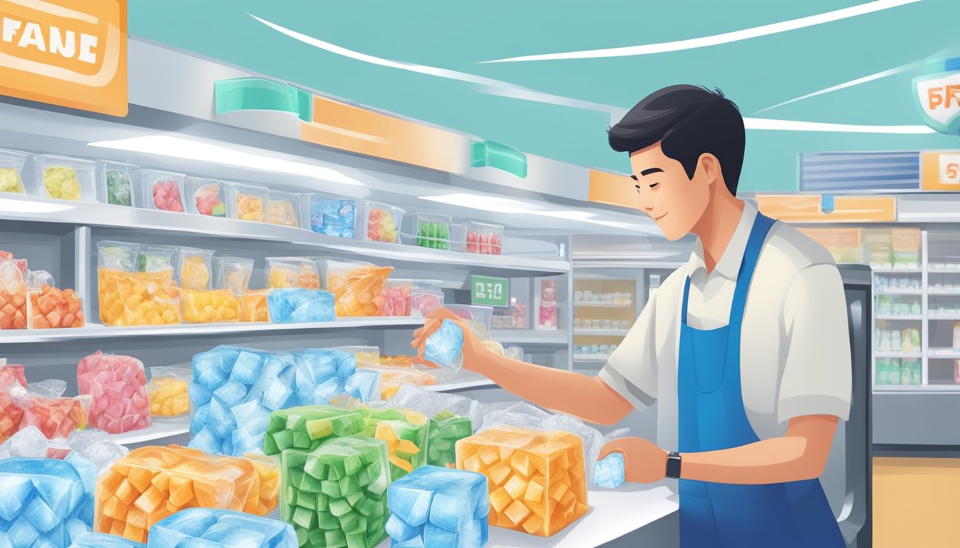 A person at a convenience store counter buying a bag of ice cubes in Singapore