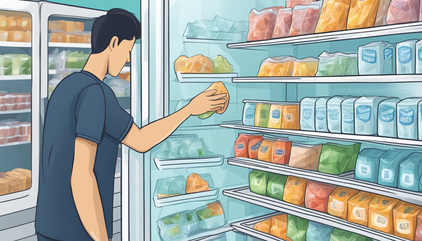 A hand reaches into a freezer, grabbing a bag of ice cubes labeled "premium quality" at a grocery store in Singapore