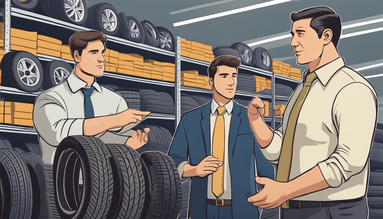 A customer examining a remold tire with a skeptical expression, comparing it to a new tire, with a salesman explaining its benefits
