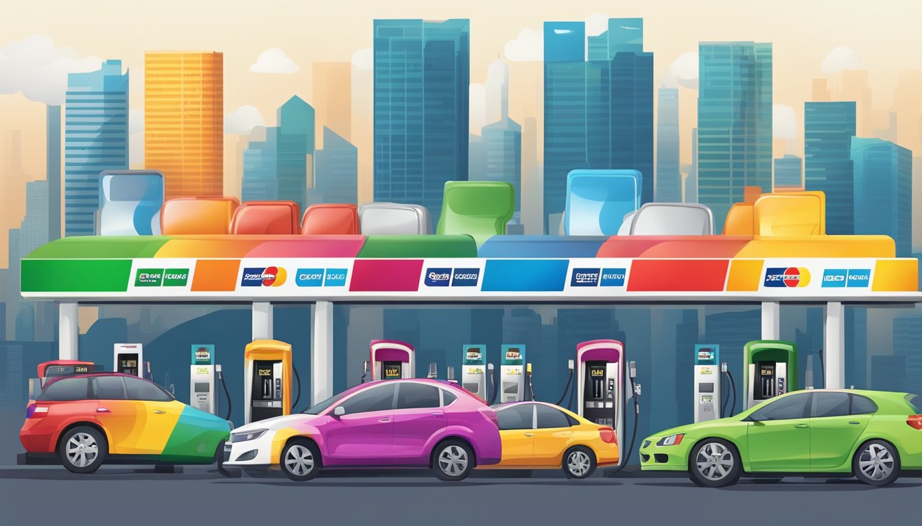 A row of colorful credit cards with petrol station logos, surrounded by fuel pumps and a city skyline in the background
