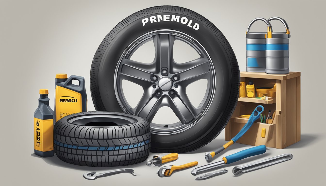 A car tire labeled "Pneu Remold é Bom" sitting on a clean, well-lit workshop table, surrounded by tools and equipment