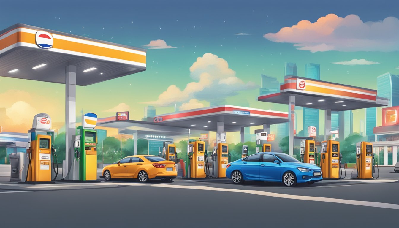 A gas station with multiple fuel pumps, a sign displaying "Best Petrol Credit Cards in Singapore," and cars lined up for refueling