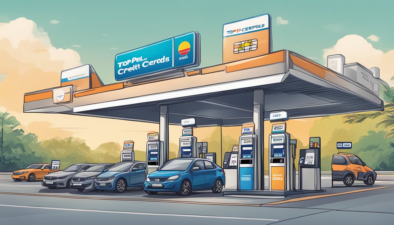 A gas station with various credit cards displayed, a sign reading "Top Petrol Credit Cards Reviewed" in Singapore