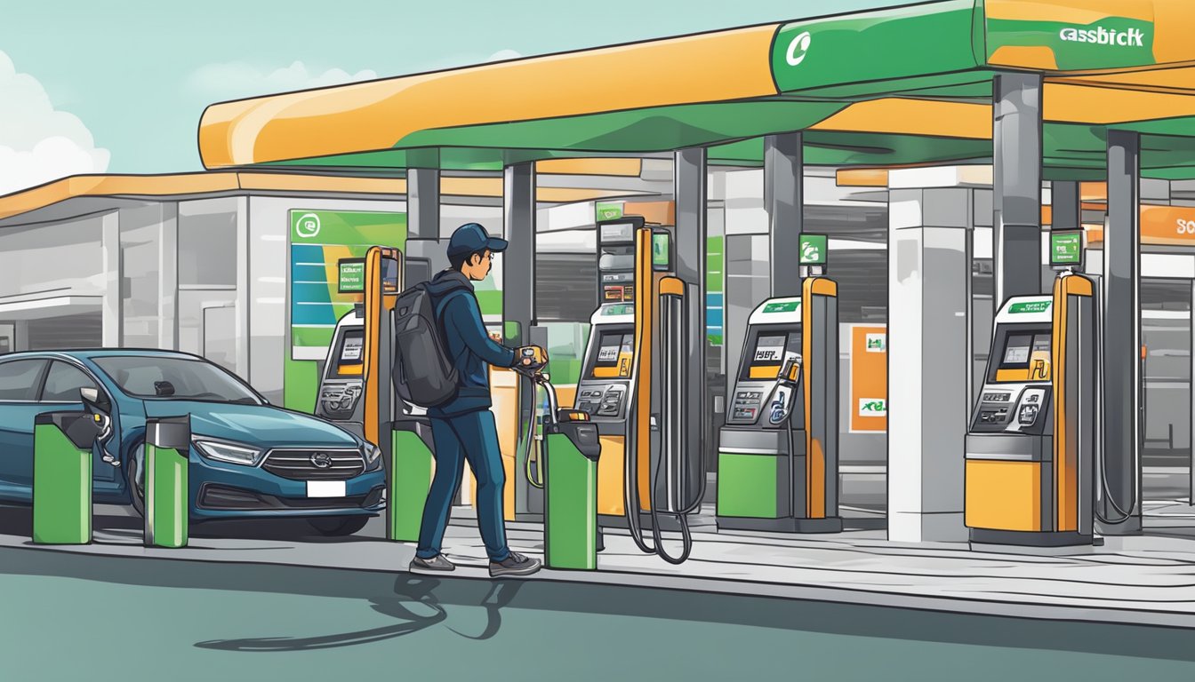 A person swiping a petrol credit card at a gas station, with prominent cashback and rewards logos displayed on the card