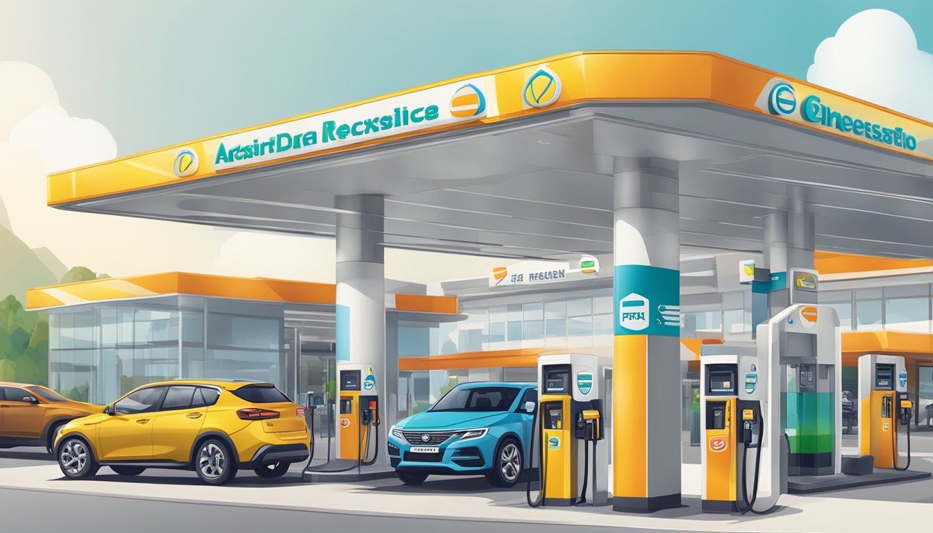A group of petrol stations and credit card logos, with text highlighting partnership programmes and additional perks