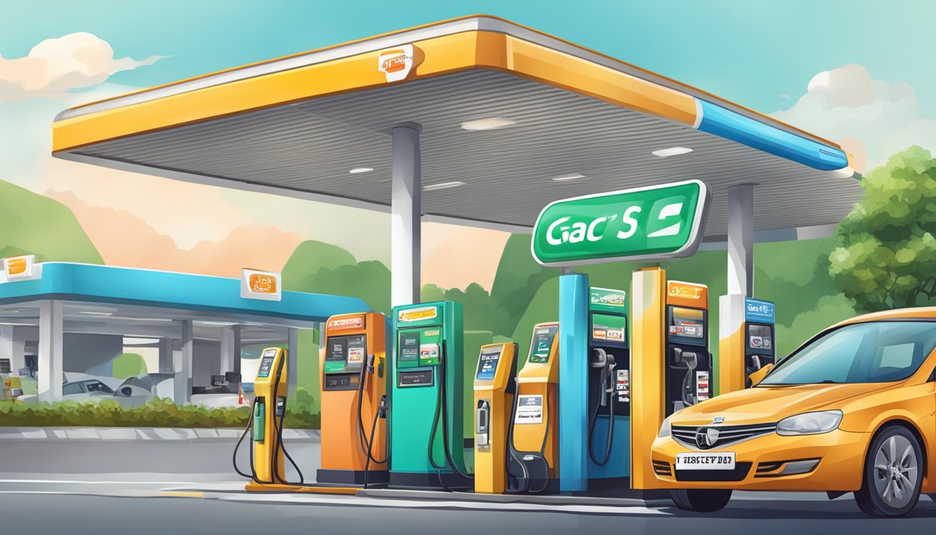 A gas station with a prominent sign displaying "Best Petrol Credit Cards in Singapore." Cars refueling, with happy customers using their credit cards
