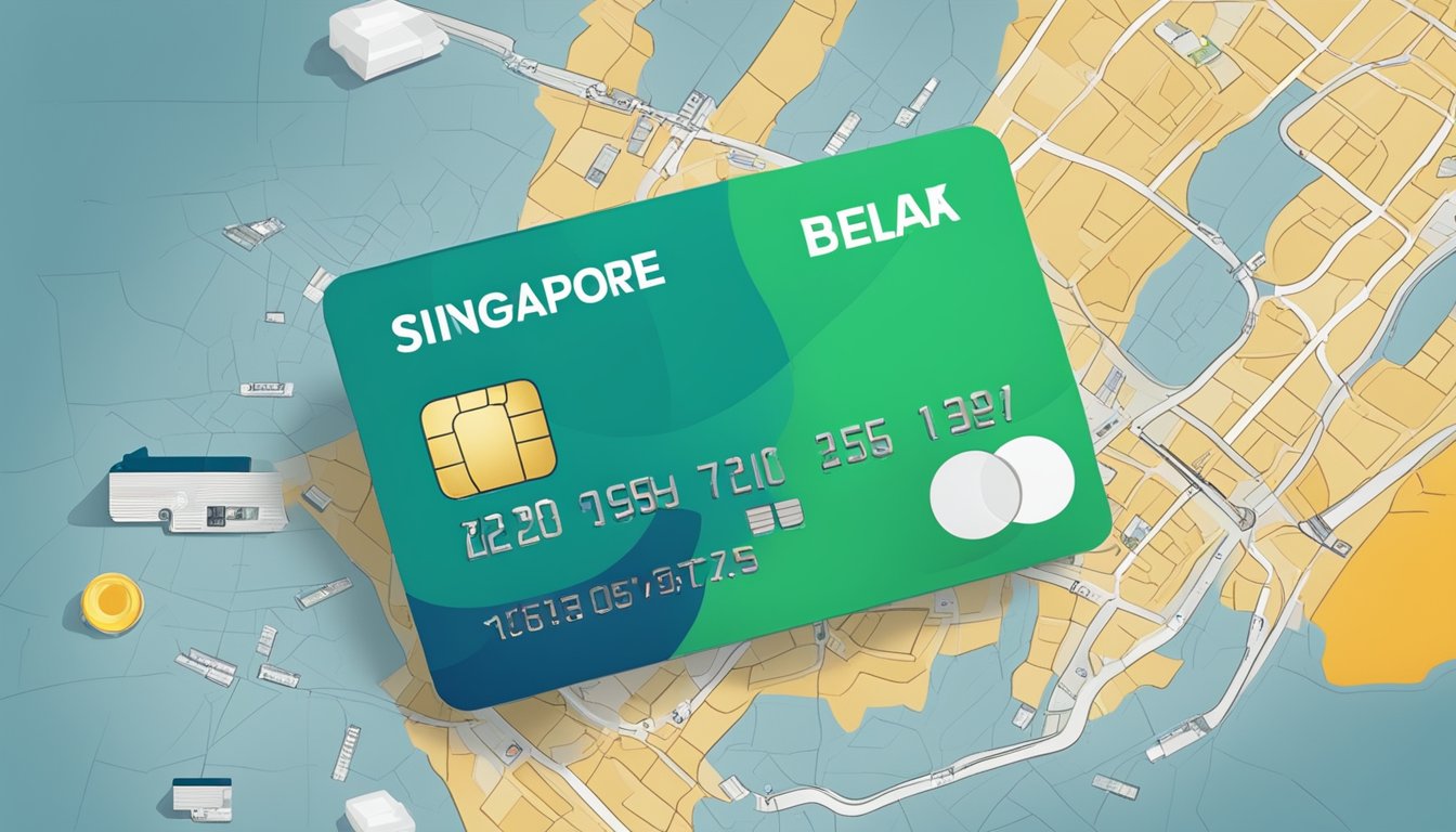 A credit card surrounded by petrol pumps and a map of Singapore