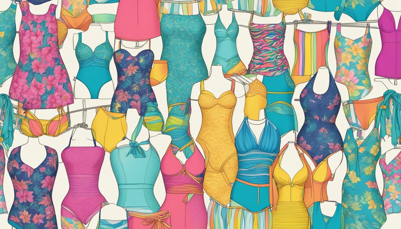 A colorful display of swimwear from popular USA brands, arranged on mannequins or hangers in a bright and inviting setting
