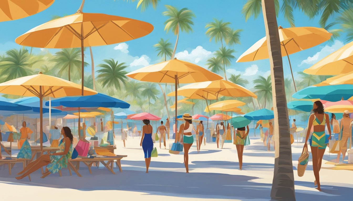 Palm trees sway against a backdrop of blue skies and crystal-clear waters. Colorful beach umbrellas dot the sandy shoreline, while sleek, modern swimwear designs are displayed on mannequins in a trendy outdoor market