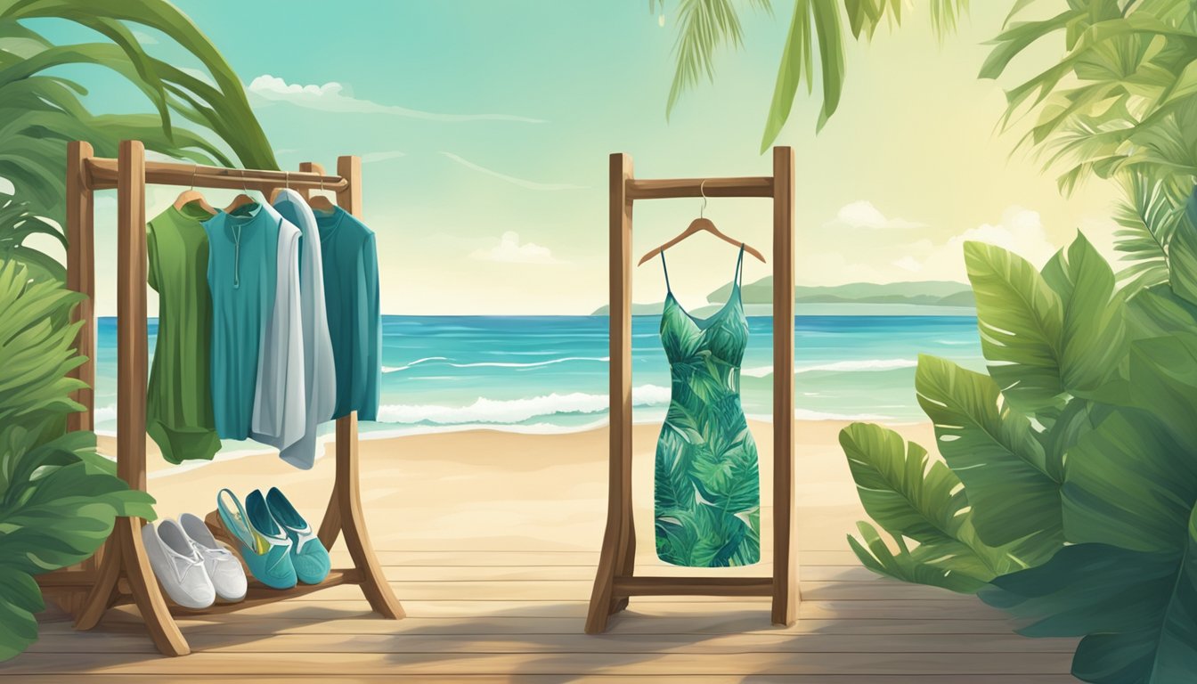 A beach scene with eco-friendly swimwear displayed on a sustainable wooden rack, surrounded by lush greenery and ocean waves in the background
