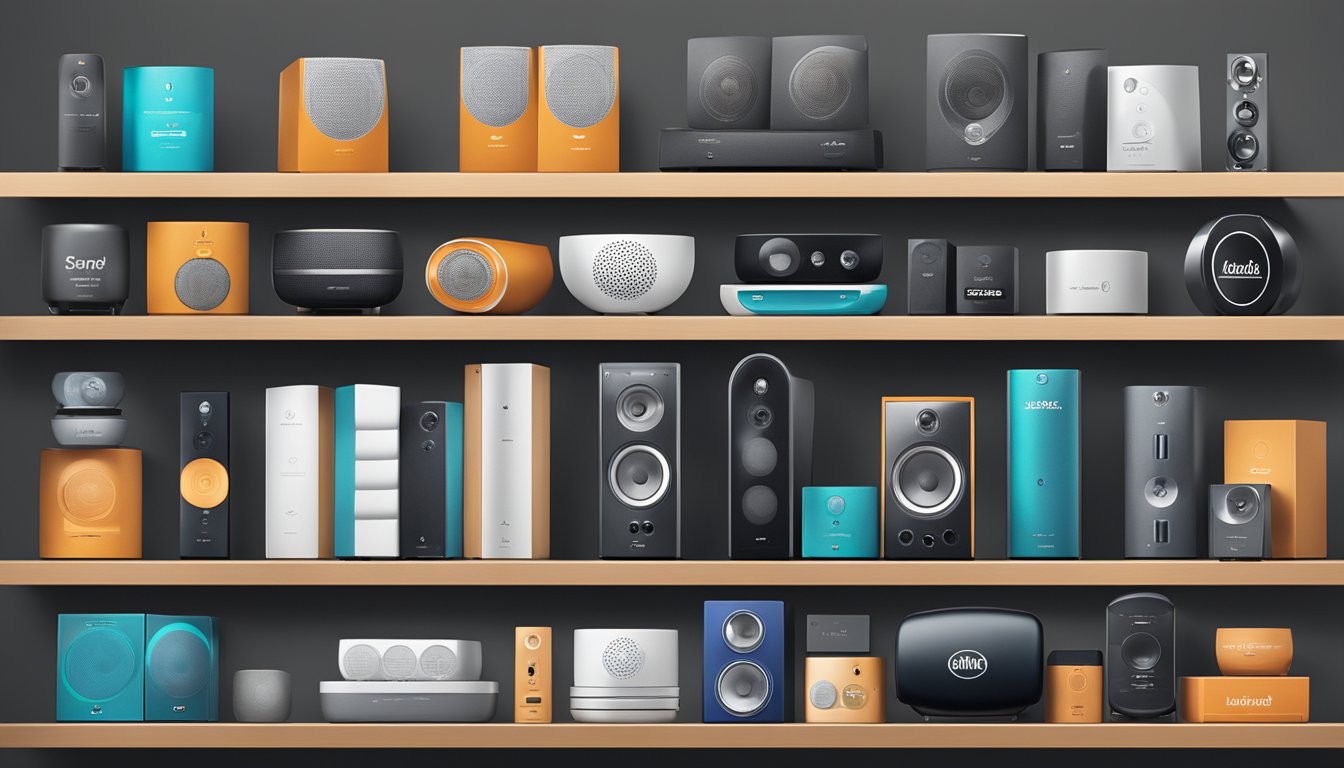 Top speaker brands displayed with their signature products on a sleek, modern shelf. Logos and product names are prominently featured