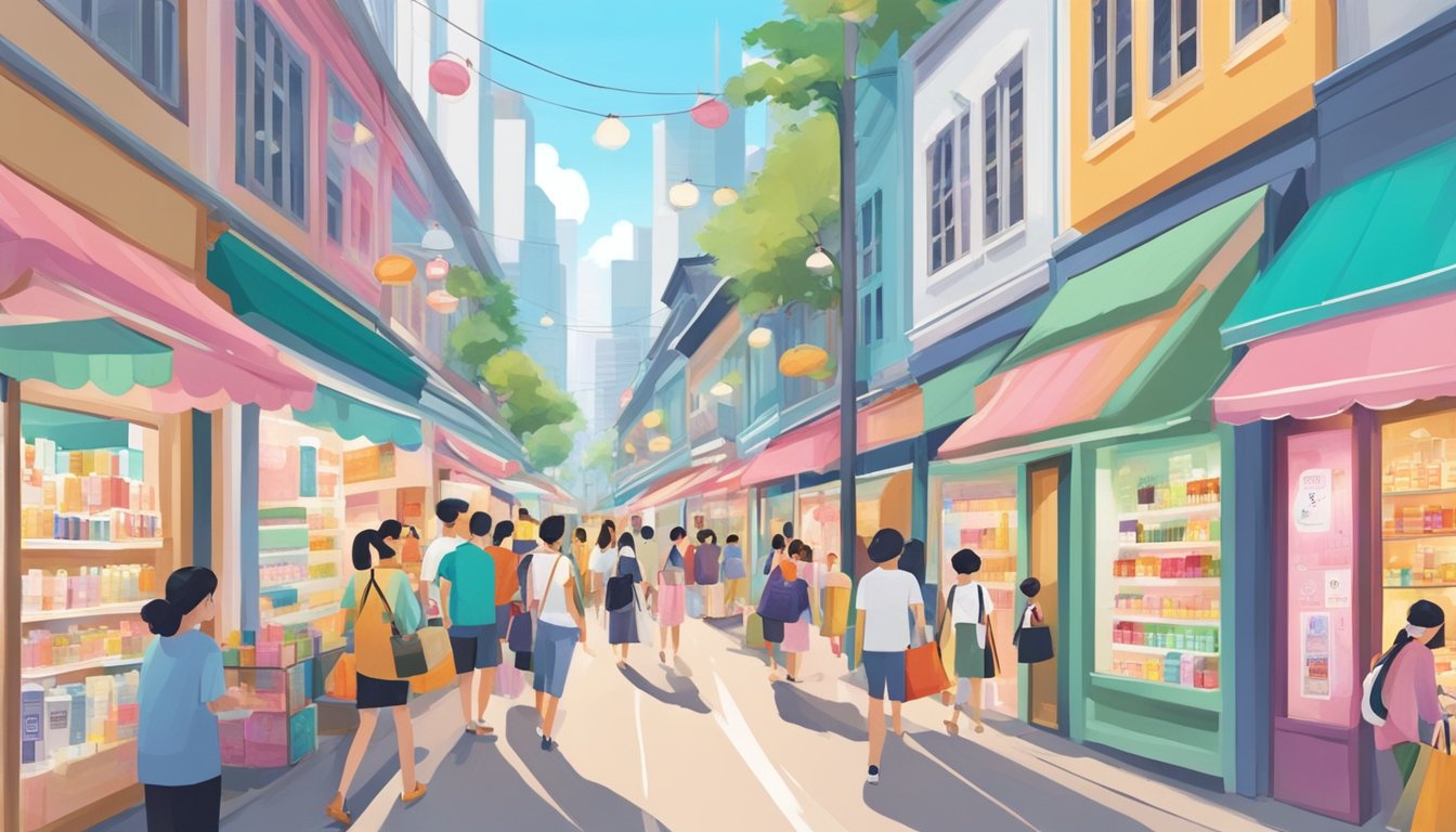 A bustling street in Singapore, lined with bright storefronts displaying Korean skincare products. Shoppers browse the shelves, while colorful signs advertise popular brands