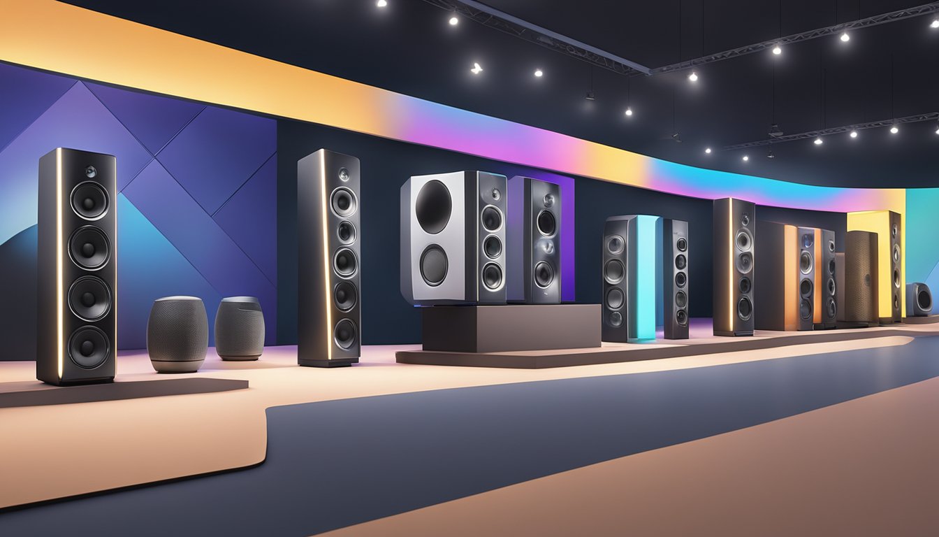 A row of sleek, modern speaker brands stand on display, illuminated by soft, ambient lighting, with the backdrop of a bustling trade show floor