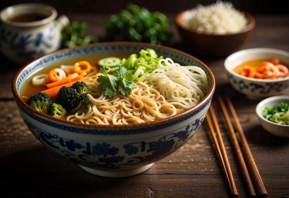 A Chinese bowl filled with steaming hot noodles, colorful vegetables, and savory broth sits on a rustic wooden table, surrounded by chopsticks and a decorative spoon