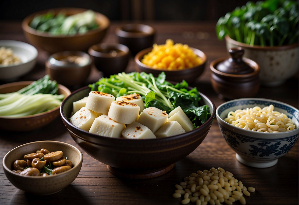 A wooden table with a variety of fresh ingredients: bok choy, tofu, mushrooms, and noodles, arranged neatly next to a traditional Chinese bowl