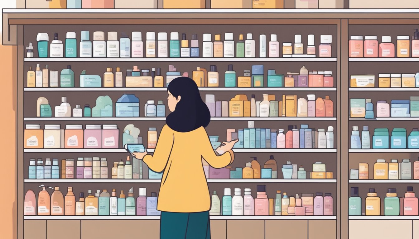 A person browsing through shelves of Korean skincare products at a store in Singapore, carefully examining labels and comparing different items
