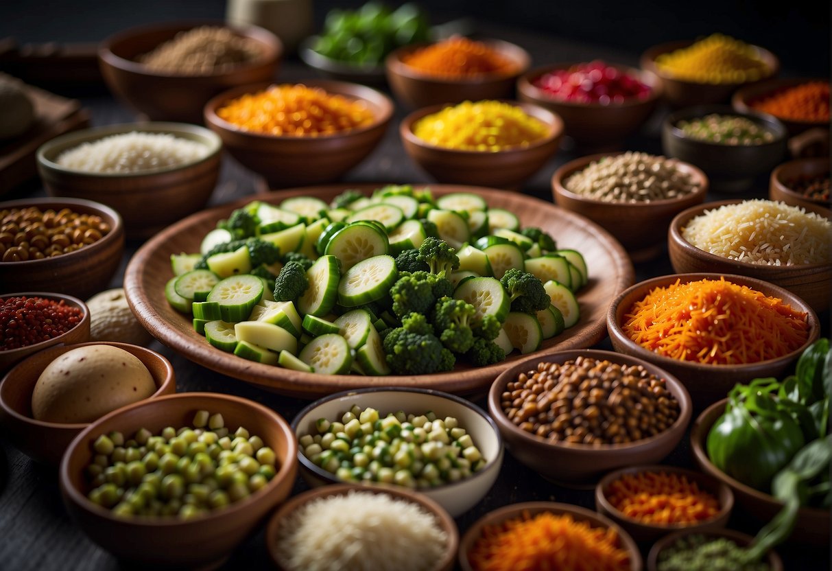 A variety of fresh vegetables and meats are neatly chopped and arranged next to a colorful array of spices and sauces, ready to be used in a traditional Chinese bowl recipe