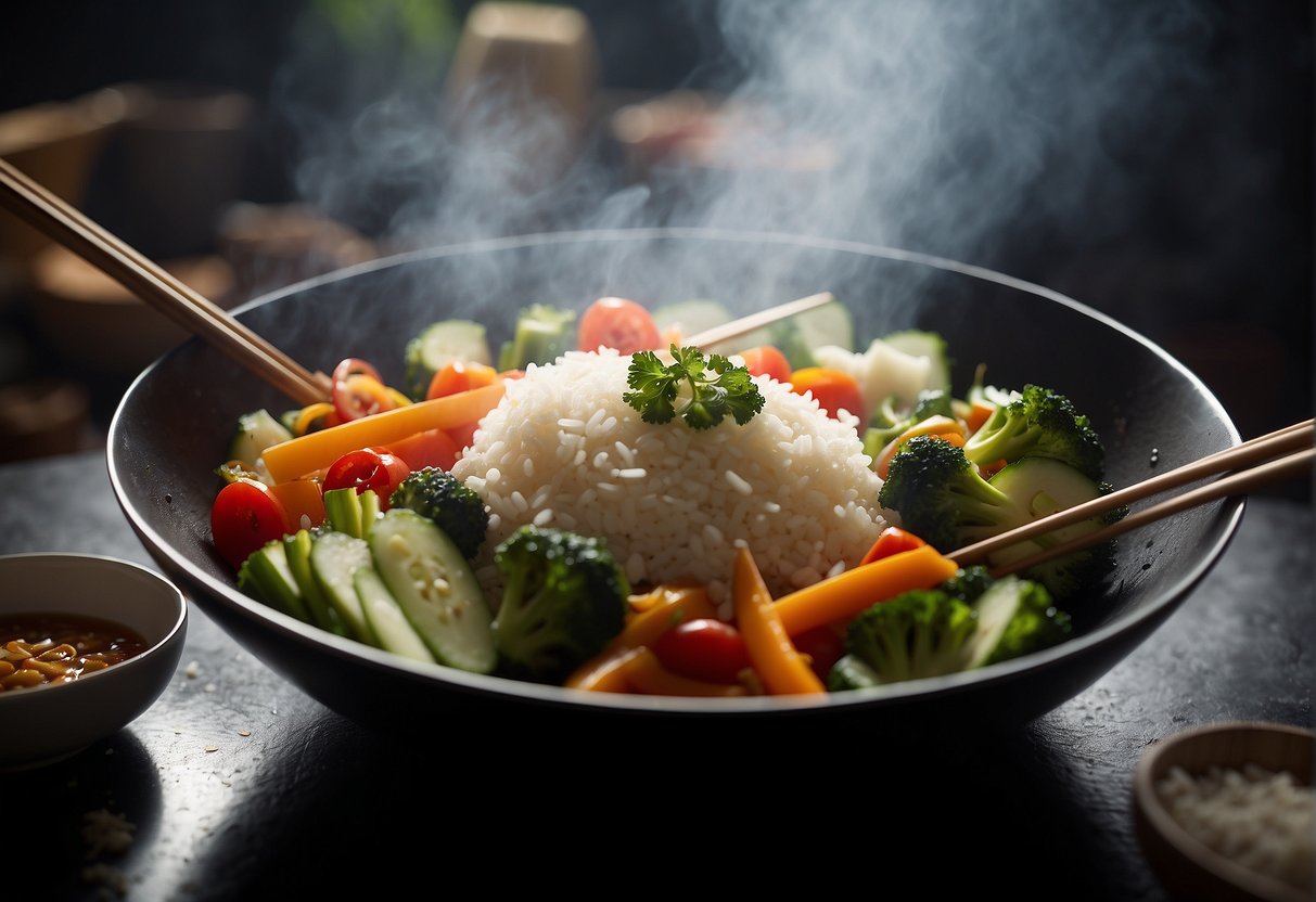 A pair of chopsticks hovers over a sizzling wok, stir-frying colorful vegetables and marinated meat in a fragrant cloud of soy sauce and ginger. A steaming bowl of fluffy white rice sits nearby, ready to be filled with