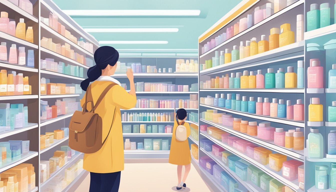 Shelves lined with colorful Korean skincare products in a Singaporean store. Customers browsing and asking questions to the staff