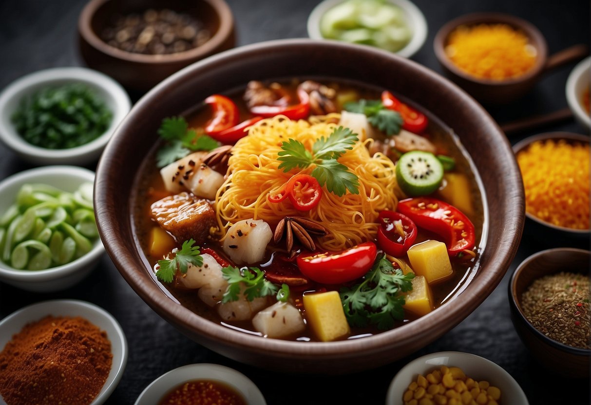A steamy Chinese bowl filled with vibrant ingredients, emitting aromatic flavors and spices, surrounded by traditional Asian condiments and utensils