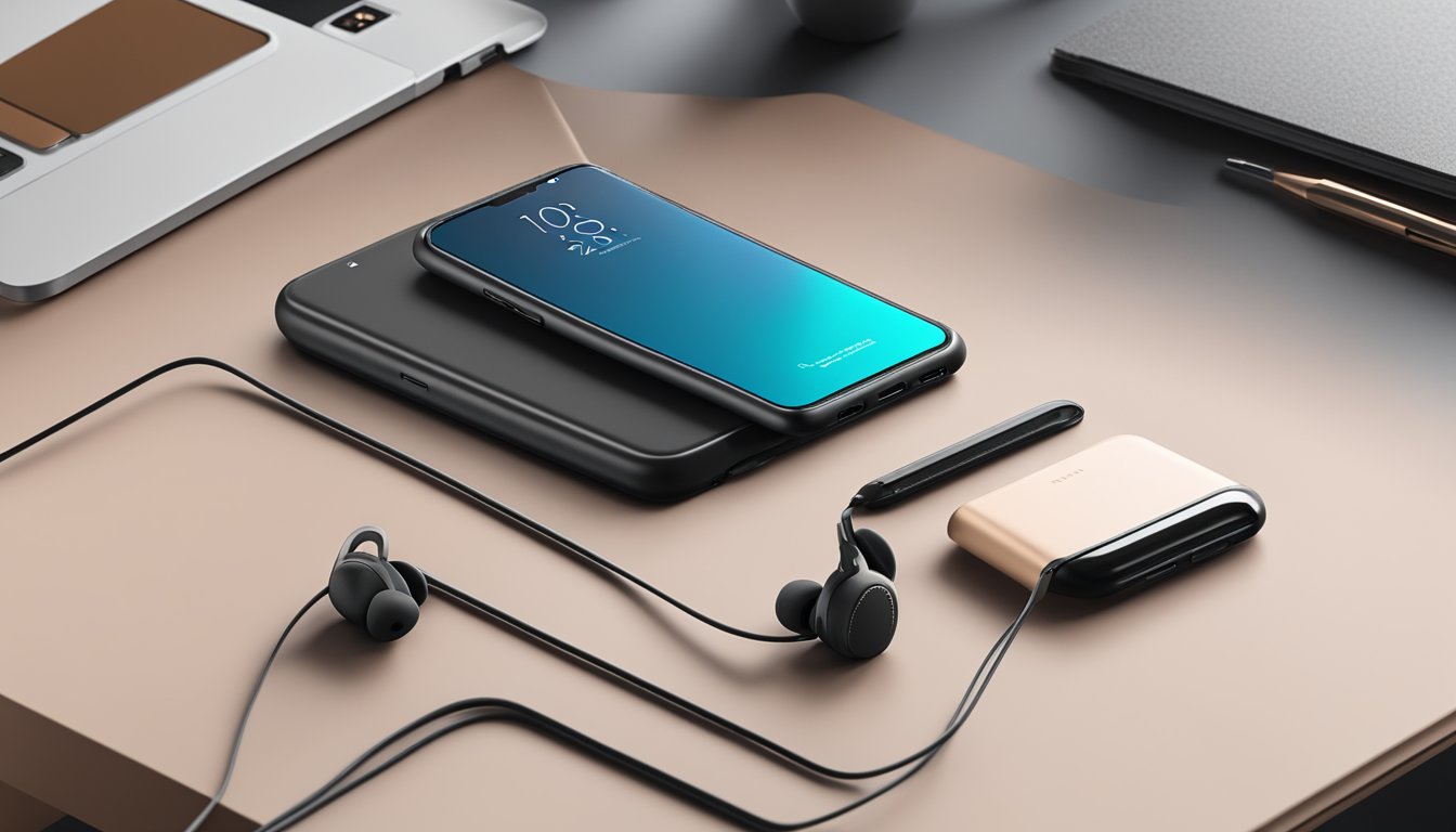 A sleek phone case with the Spigen brand logo sits on a modern, minimalist desk next to a smartphone and a pair of headphones