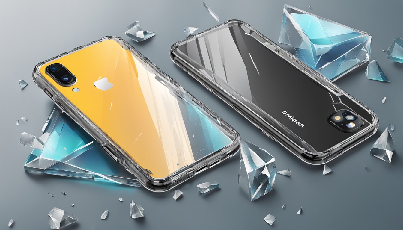 Spigen's Legacy in Phone Protection: A sleek phone case with the Spigen logo, surrounded by shattered glass and a protected phone
