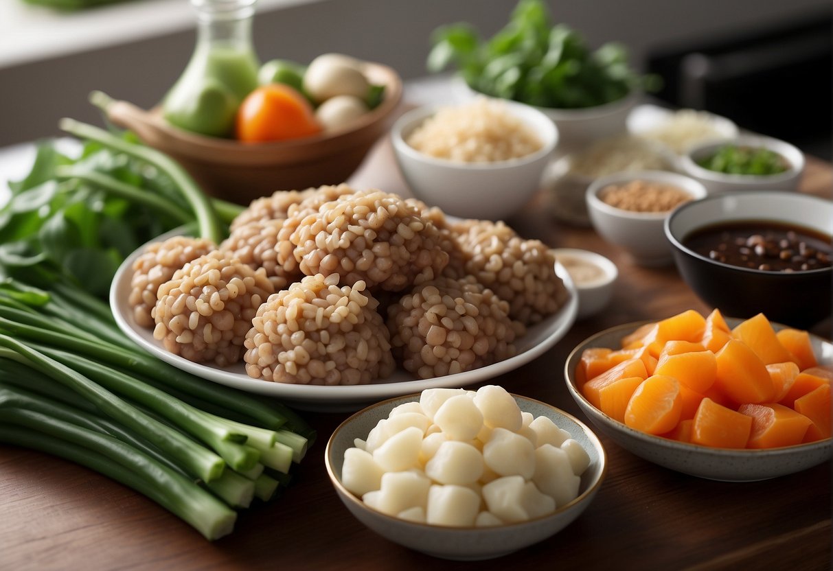 Various fresh ingredients arranged on a clean kitchen countertop, including ground pork, minced ginger and garlic, chopped scallions, soy sauce, and round dumpling wrappers