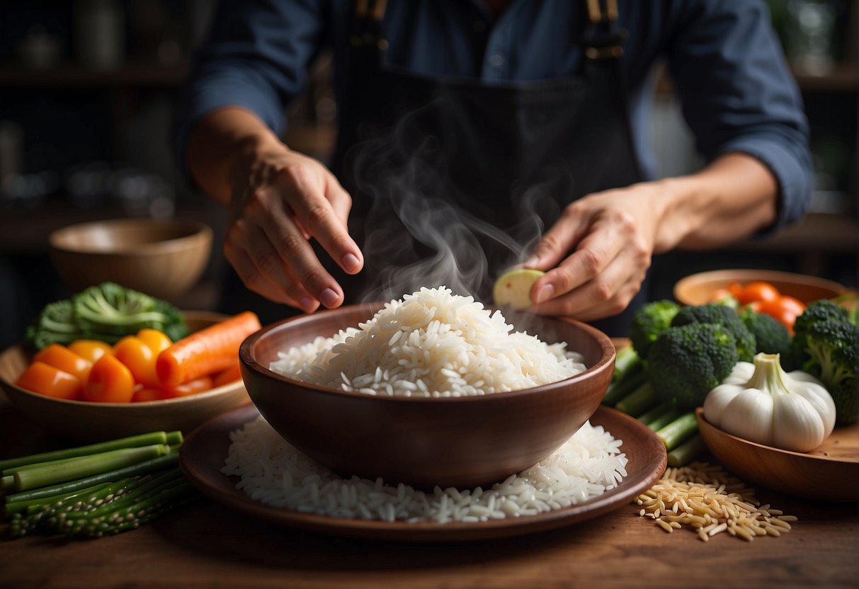 A pair of hands fills a Chinese bowl with steaming rice and vegetables, then places it into a wooden cabinet for storage