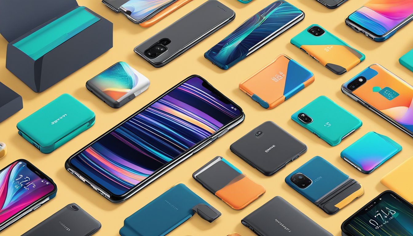A vibrant display of Spigen accessories, featuring a range of colorful phone cases, screen protectors, and tech gadgets. Bright packaging and bold designs create an eye-catching showcase