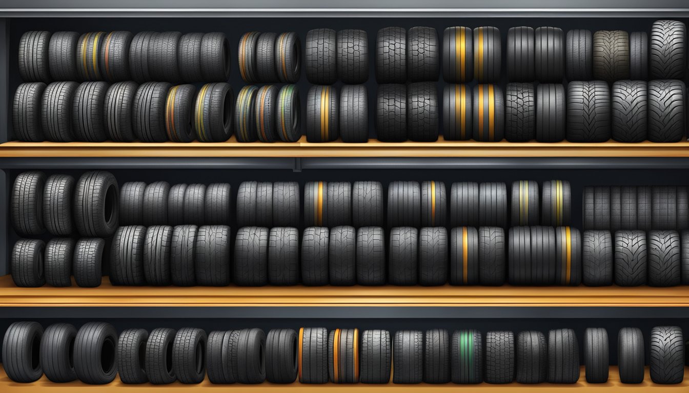 A diverse range of vehicle tires displayed on shelves, labeled by category and ranked as the best in the market