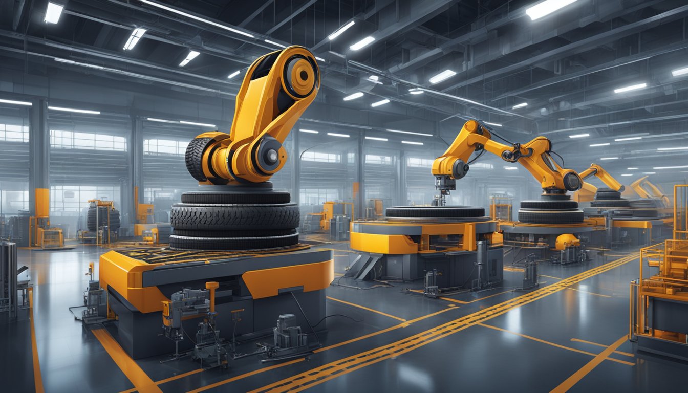 A futuristic tire factory with advanced machinery and robotic arms creating high-quality tires