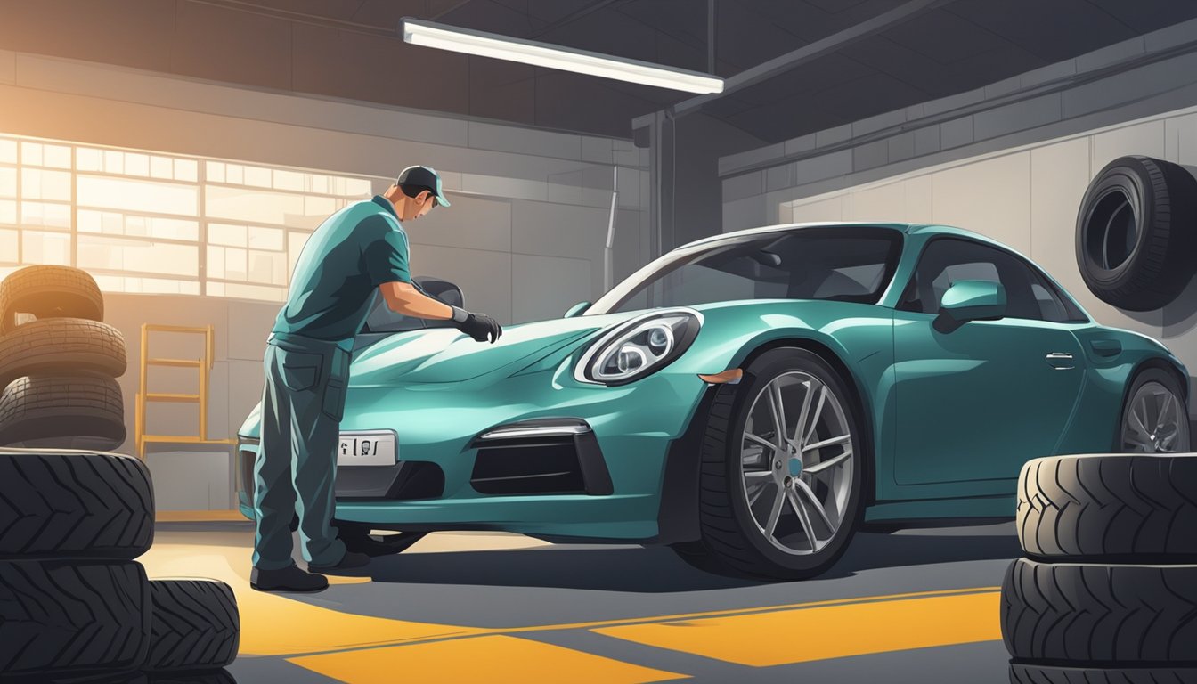 A mechanic carefully inspects and inflates a set of top-of-the-line tires in a well-lit garage