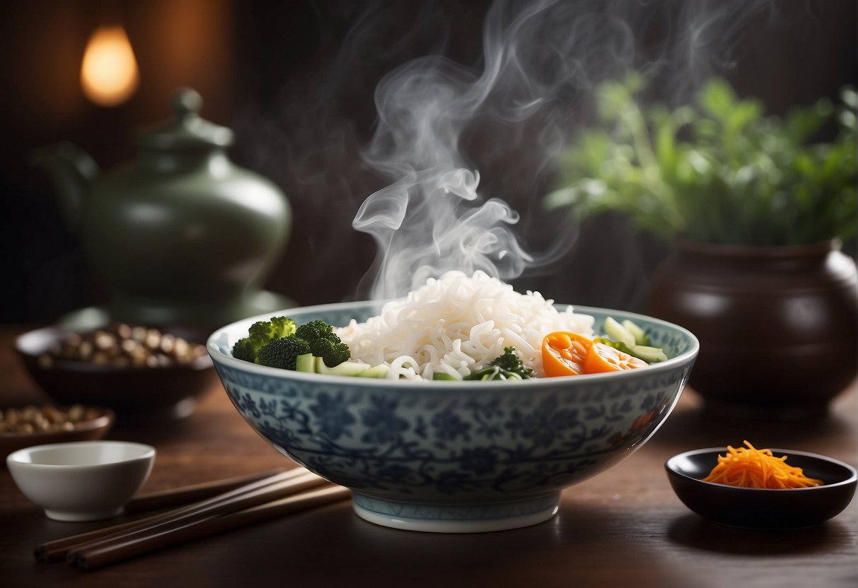 A steaming Chinese bowl filled with savory ingredients, surrounded by chopsticks and a decorative table setting
