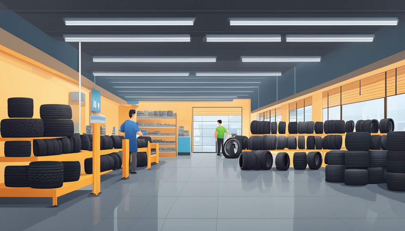 A tire shop with rows of top-quality tires on display, with bright lighting and a clean, organized layout. Customers browse the selection, while a knowledgeable staff member assists a customer