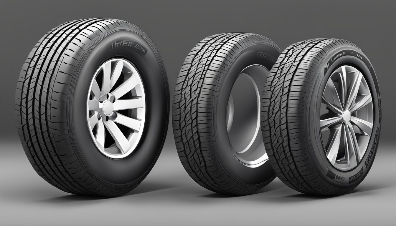 The factory original tires sit next to a set of high-quality replacement tires, showcasing the difference in tread and design