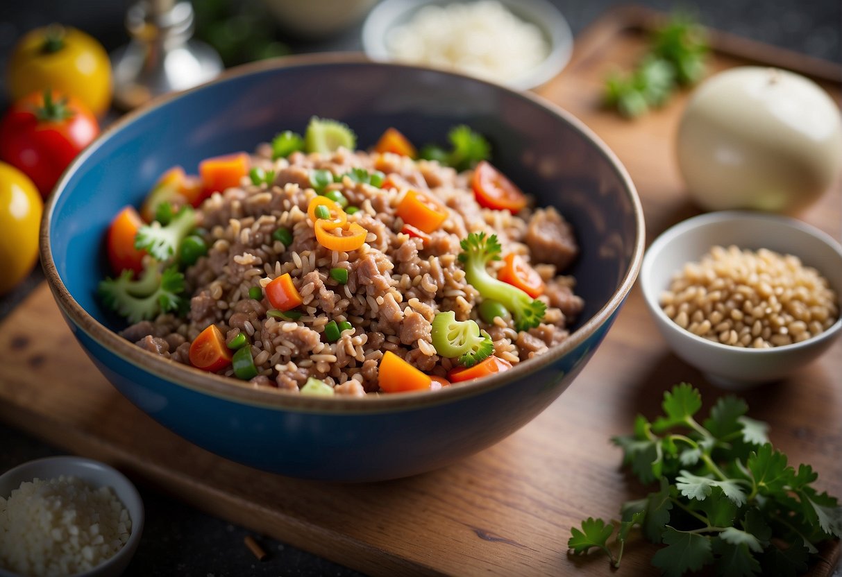 A bowl of seasoned ground pork and finely chopped vegetables sits on a clean, well-lit kitchen counter. Ingredients are ready to be mixed for the dumpling filling