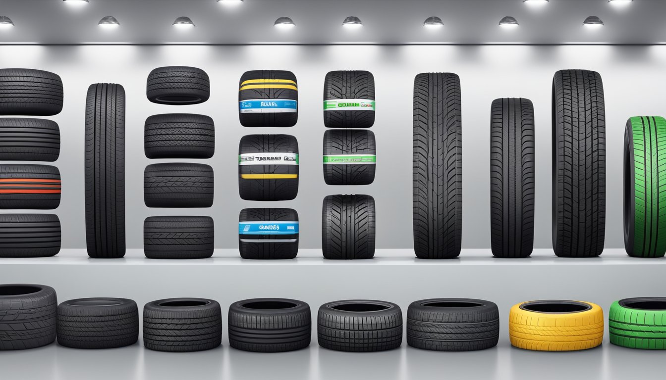 A lineup of top-quality tires displayed on a clean, well-lit showroom floor. Each tire is labeled with its brand and model, showcasing the best options available in the market